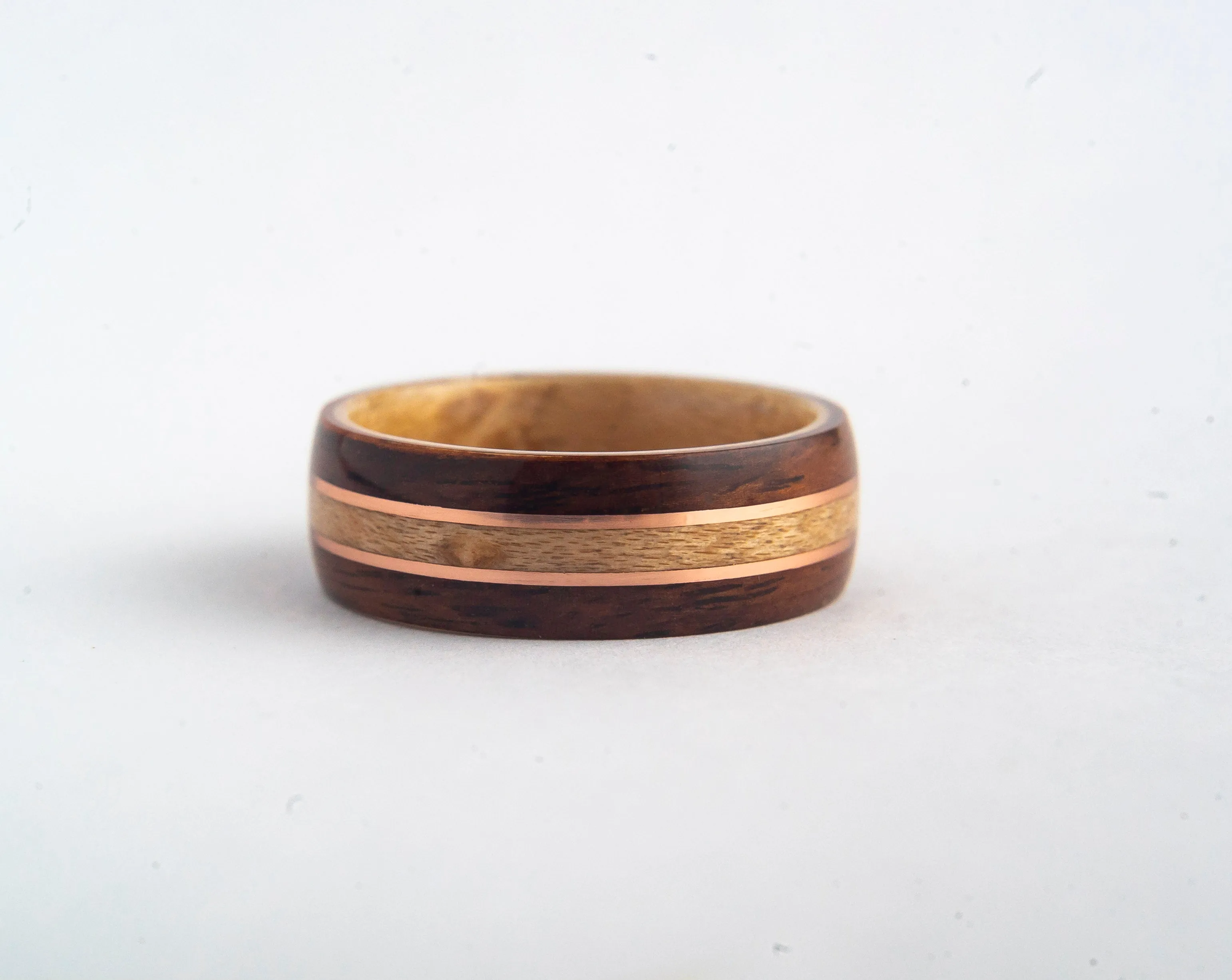 Mens Wedding Band featuring Birds Eye Maple, Rosewood and Copper inlay