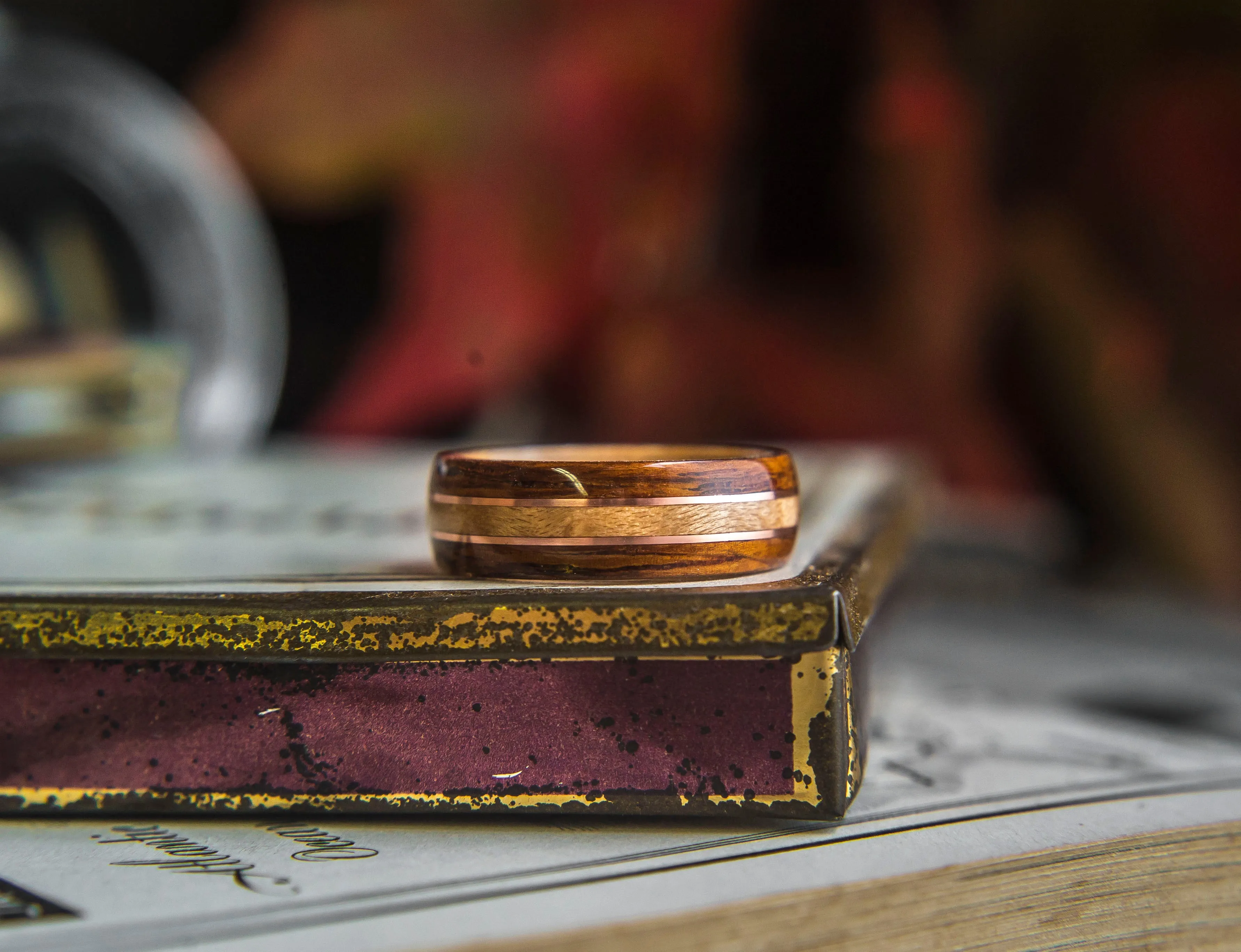 Mens Wedding Band featuring Birds Eye Maple, Rosewood and Copper inlay