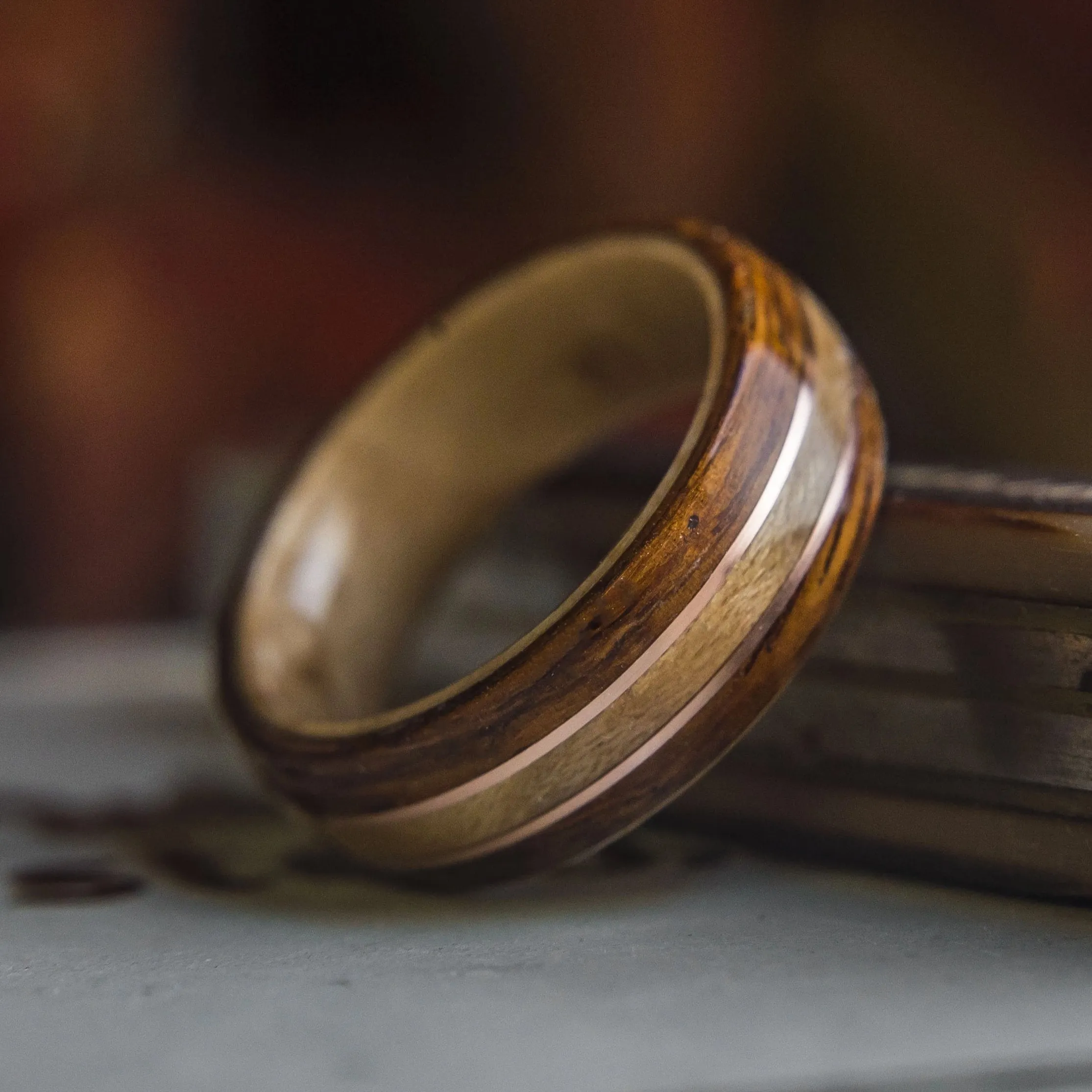 Mens Wedding Band featuring Birds Eye Maple, Rosewood and Copper inlay