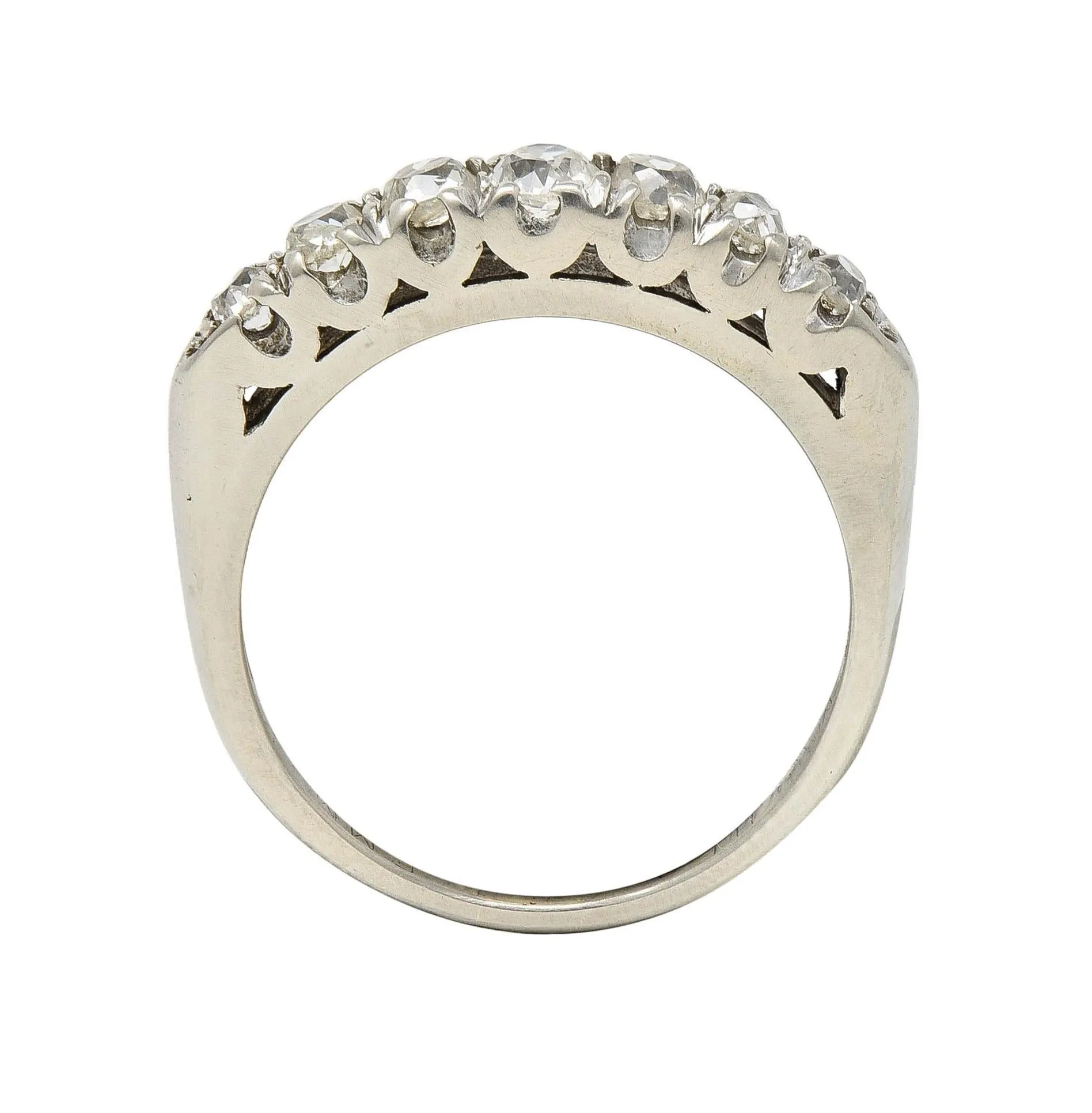 Mid-Century Old Mine Cut Diamond 14 Karat White Gold Vintage Fishtail Band Ring