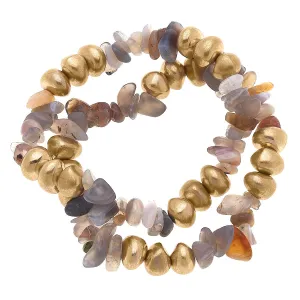 Mille Beaded Gemstone Bracelet Stack - Grey Agate