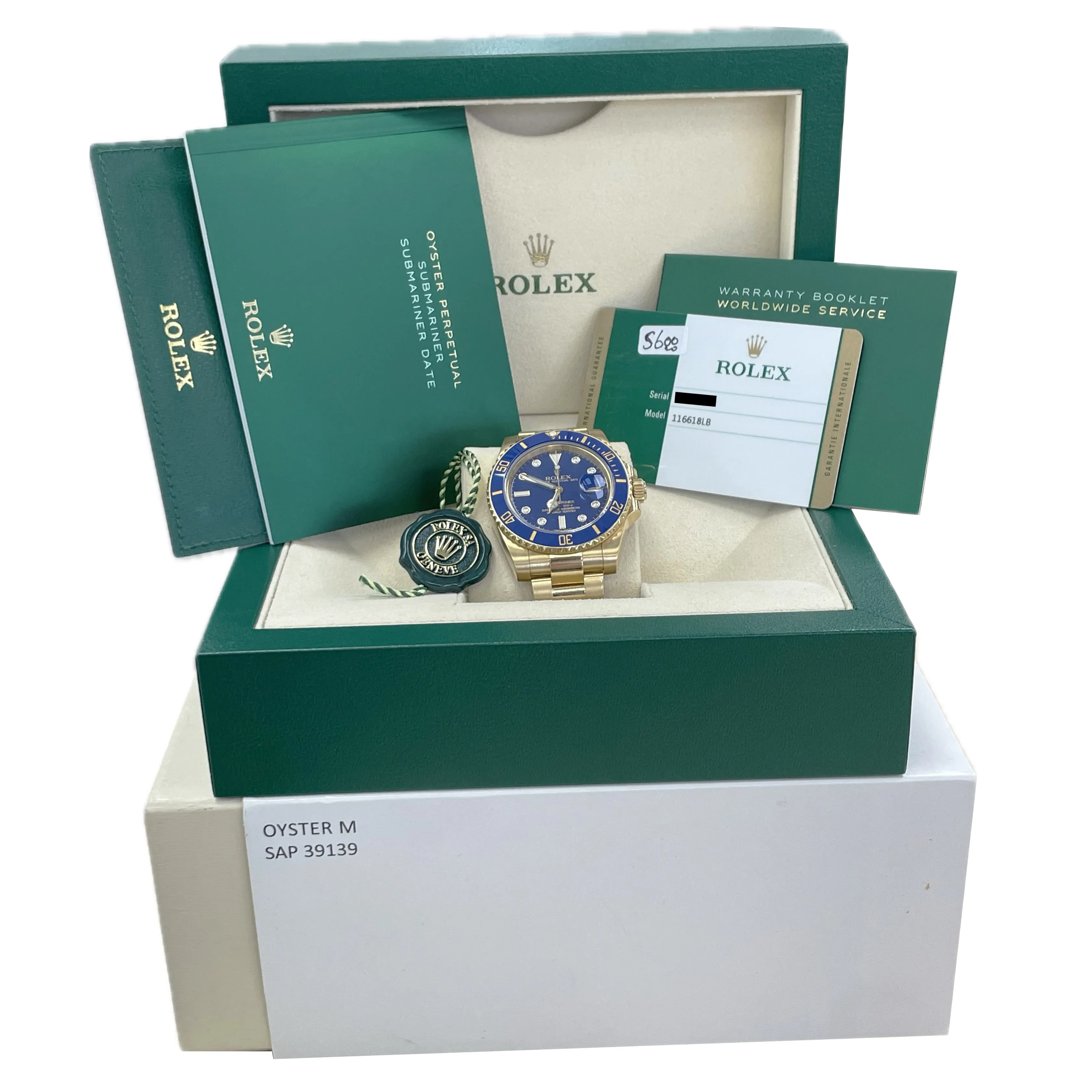 MINT PAPERS Rolex Submariner Date 40mm Yellow Gold BLUE DIAMOND 116618 LB BOX