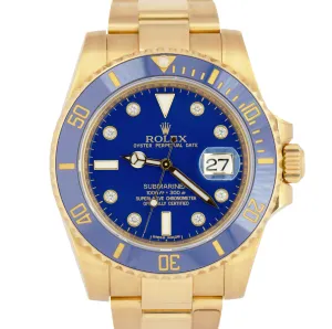 MINT PAPERS Rolex Submariner Date 40mm Yellow Gold BLUE DIAMOND 116618 LB BOX