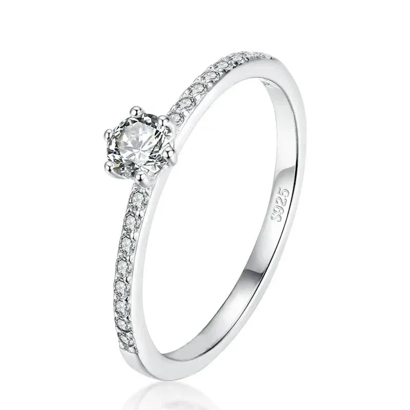 Modian Solid 925 Sterling Silver Simple Round Clear CZ Finger Rings For Women & Girls Cassic Wedding Statement Fine Jewelry Gift