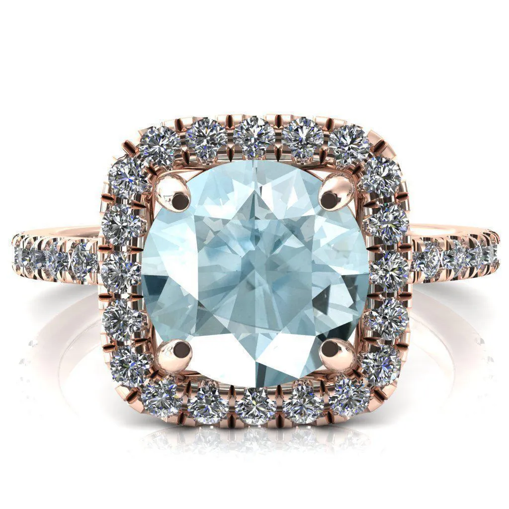 Molly Round Aqua Blue Spinel Halo 4 Prong 3/4 Diamond Eternity Engagement Ring