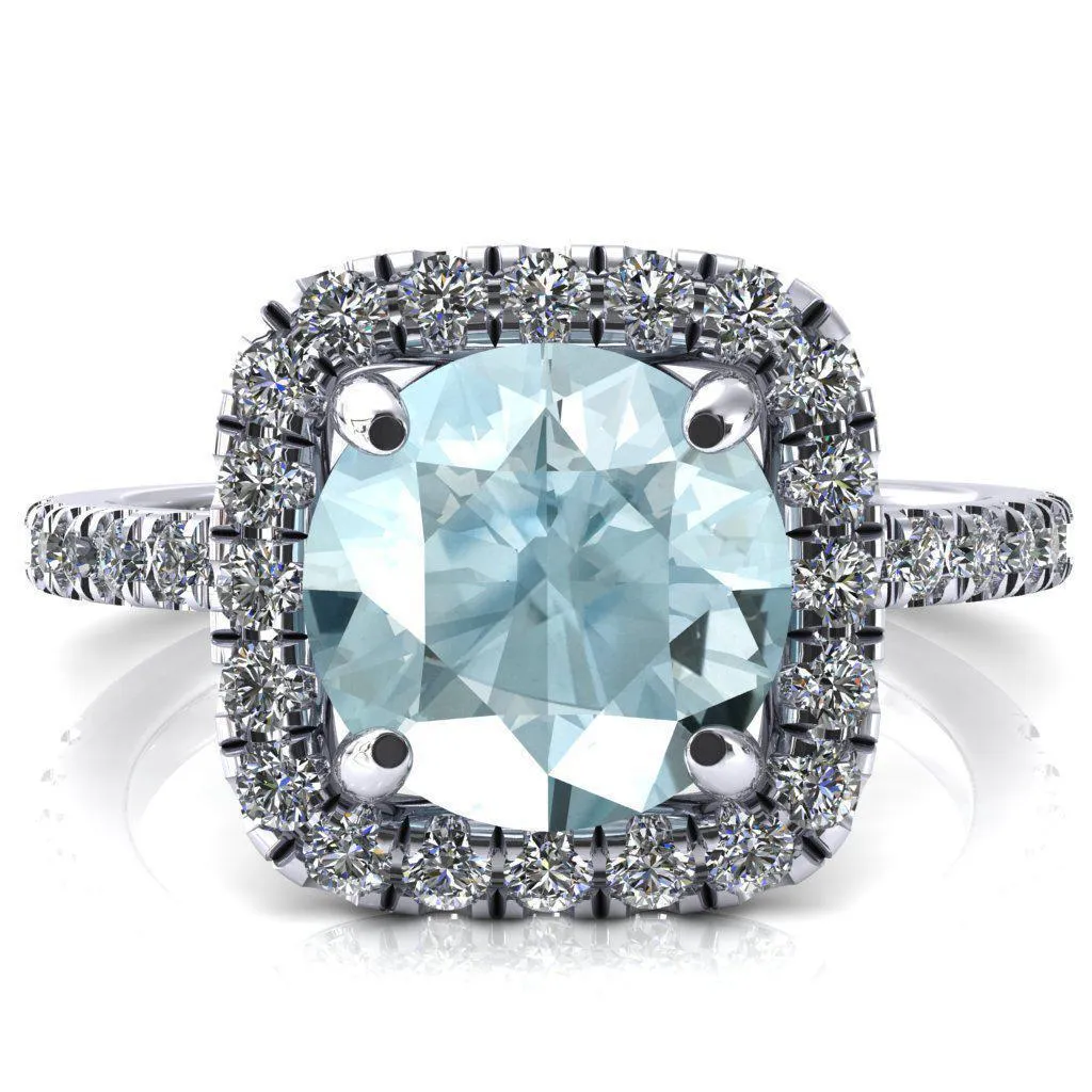 Molly Round Aqua Blue Spinel Halo 4 Prong 3/4 Diamond Eternity Engagement Ring