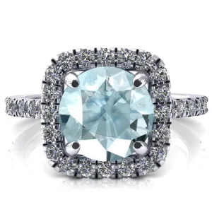 Molly Round Aqua Blue Spinel Halo 4 Prong 3/4 Diamond Eternity Engagement Ring