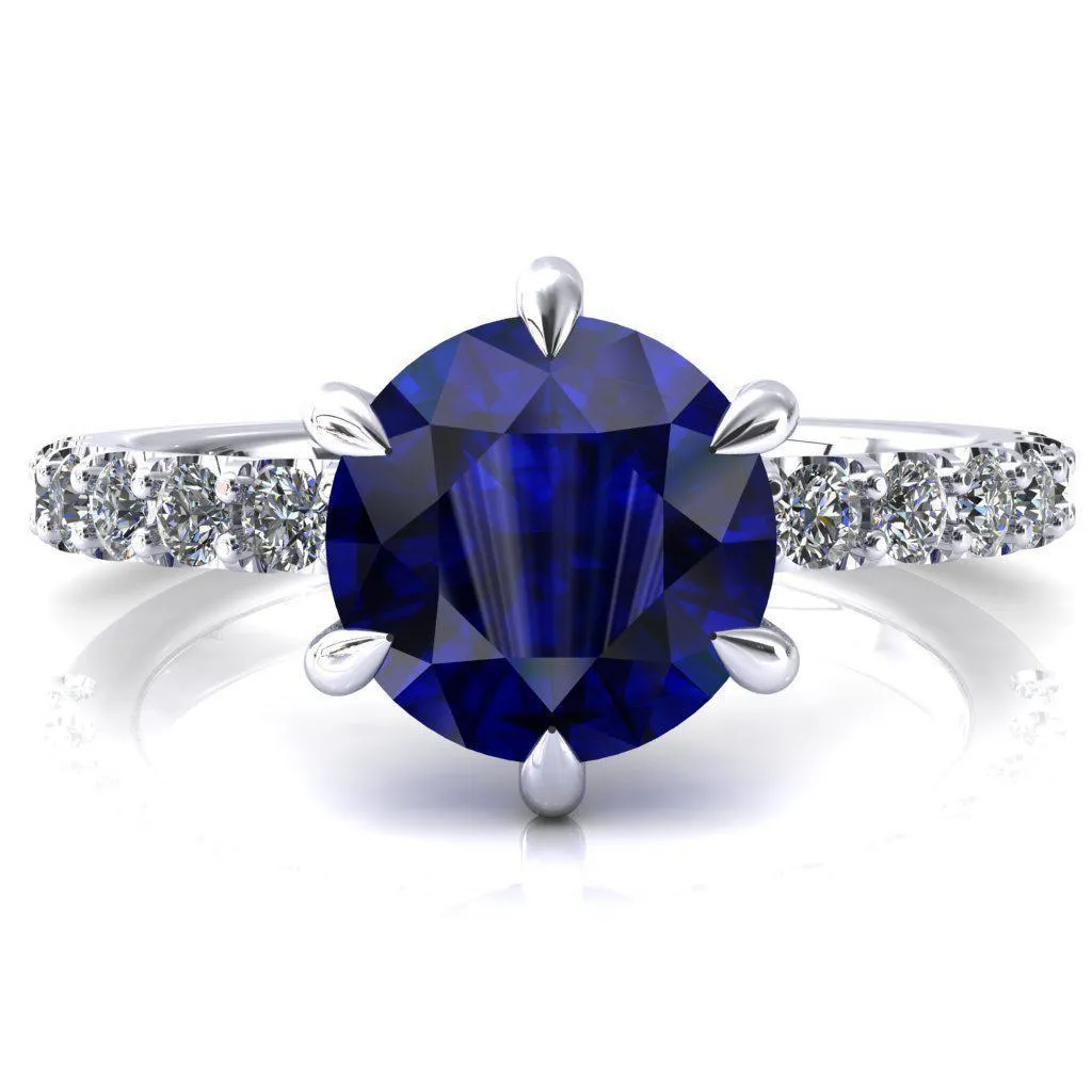 Mylene Round Blue Sapphire 6 Prong Sculptural Half Eternity Diamond Engagement Ring