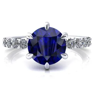 Mylene Round Blue Sapphire 6 Prong Sculptural Half Eternity Diamond Engagement Ring