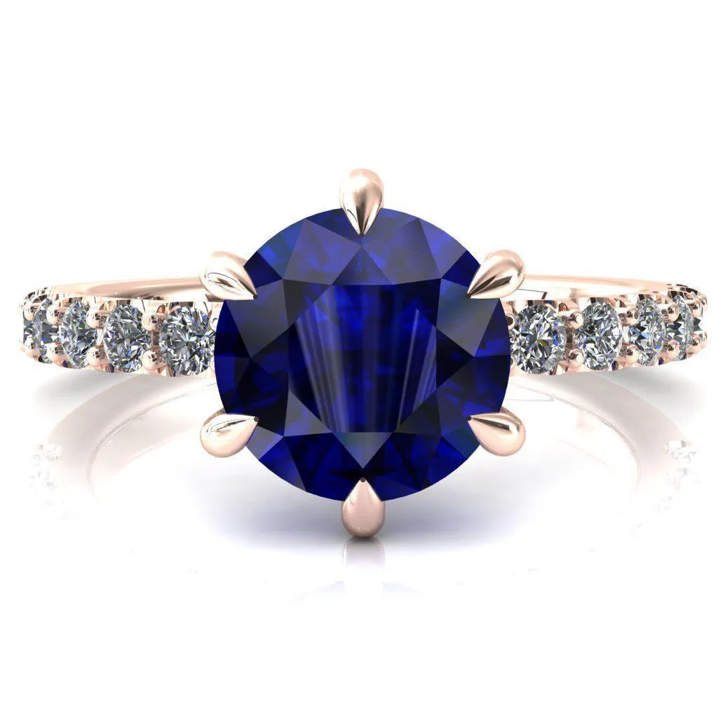 Mylene Round Blue Sapphire 6 Prong Sculptural Half Eternity Diamond Engagement Ring