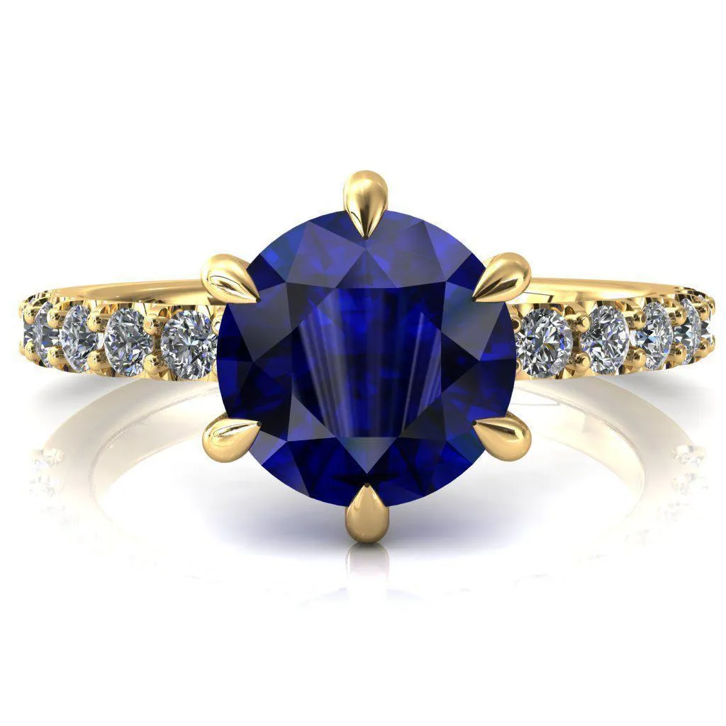 Mylene Round Blue Sapphire 6 Prong Sculptural Half Eternity Diamond Engagement Ring