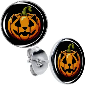 Orange Pumpkin Cat Jack-O-Lantern Stud Earrings