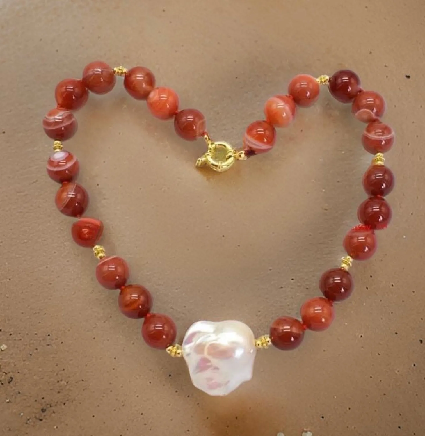 Orange-Striped Agate & Pearl Gemstone Statement Necklace 18”