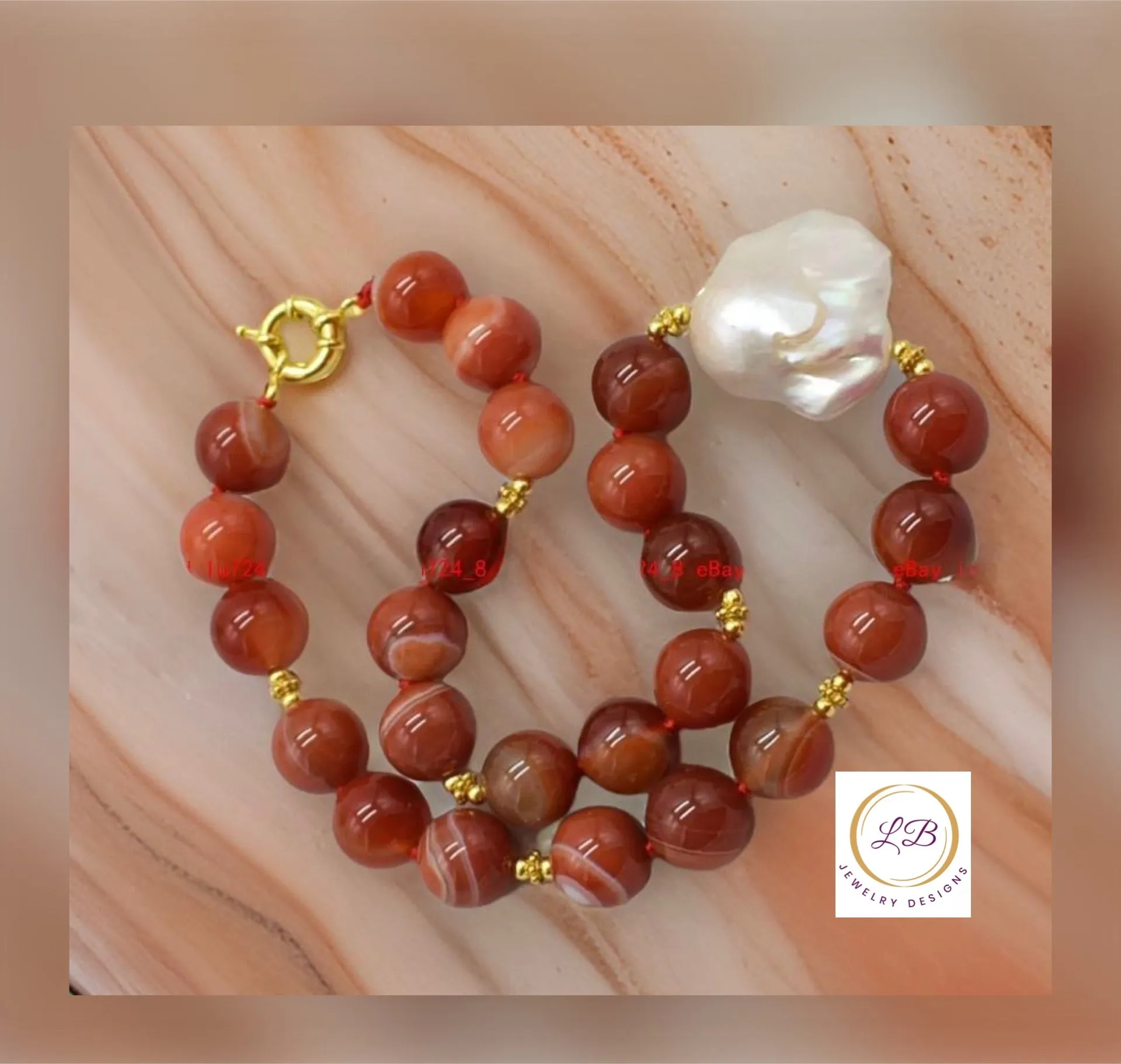 Orange-Striped Agate & Pearl Gemstone Statement Necklace 18”