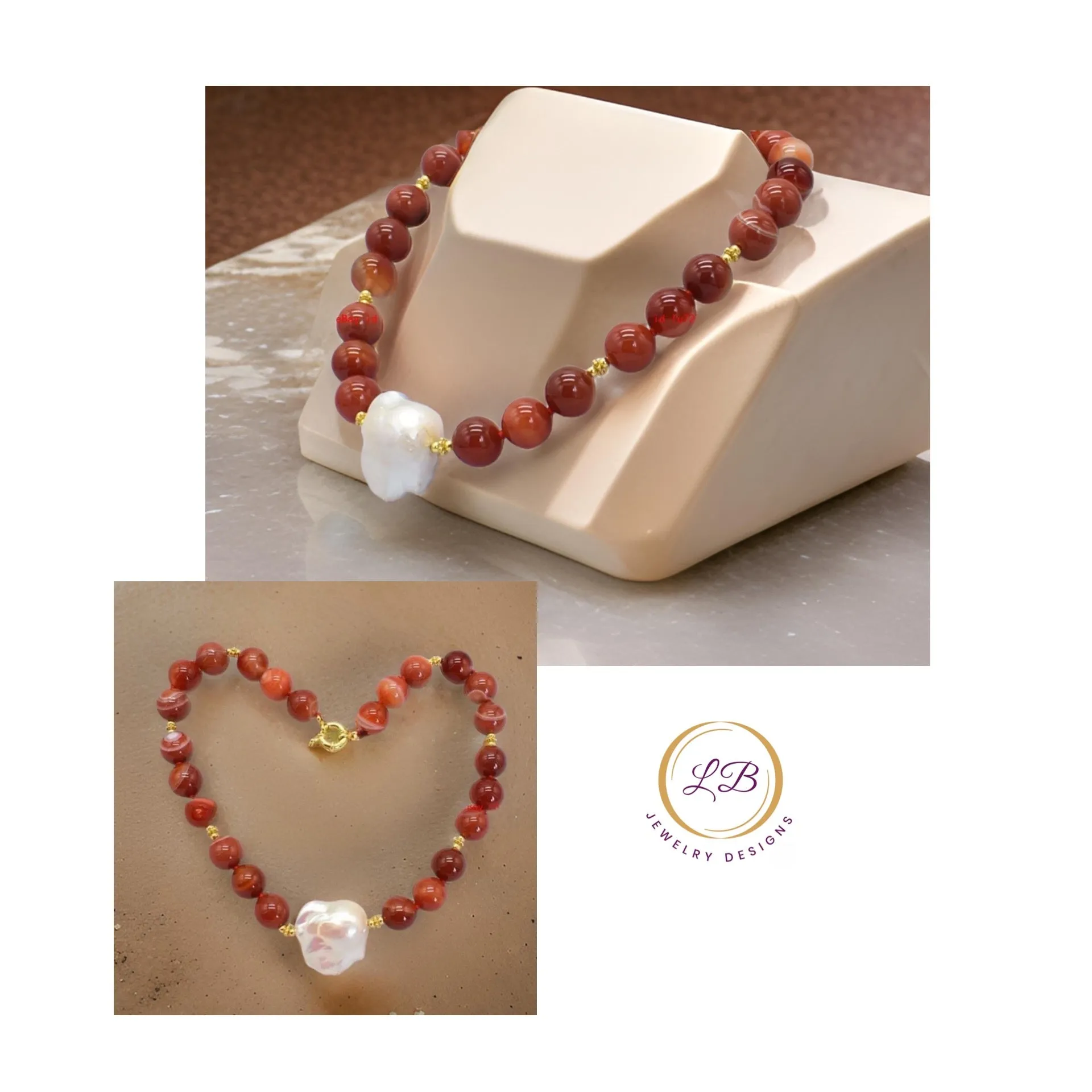 Orange-Striped Agate & Pearl Gemstone Statement Necklace 18”