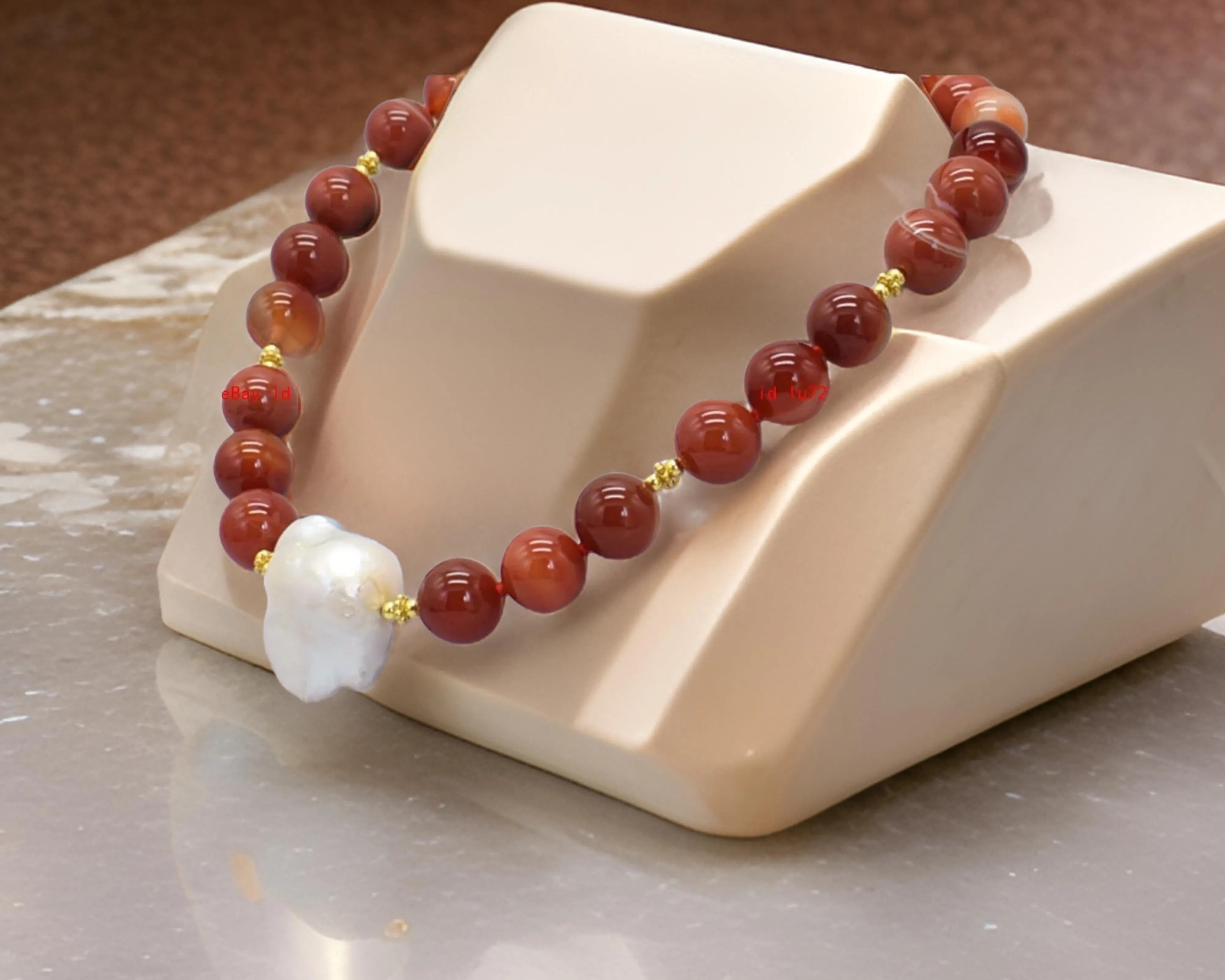 Orange-Striped Agate & Pearl Gemstone Statement Necklace 18”