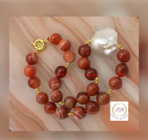 Orange-Striped Agate & Pearl Gemstone Statement Necklace 18”