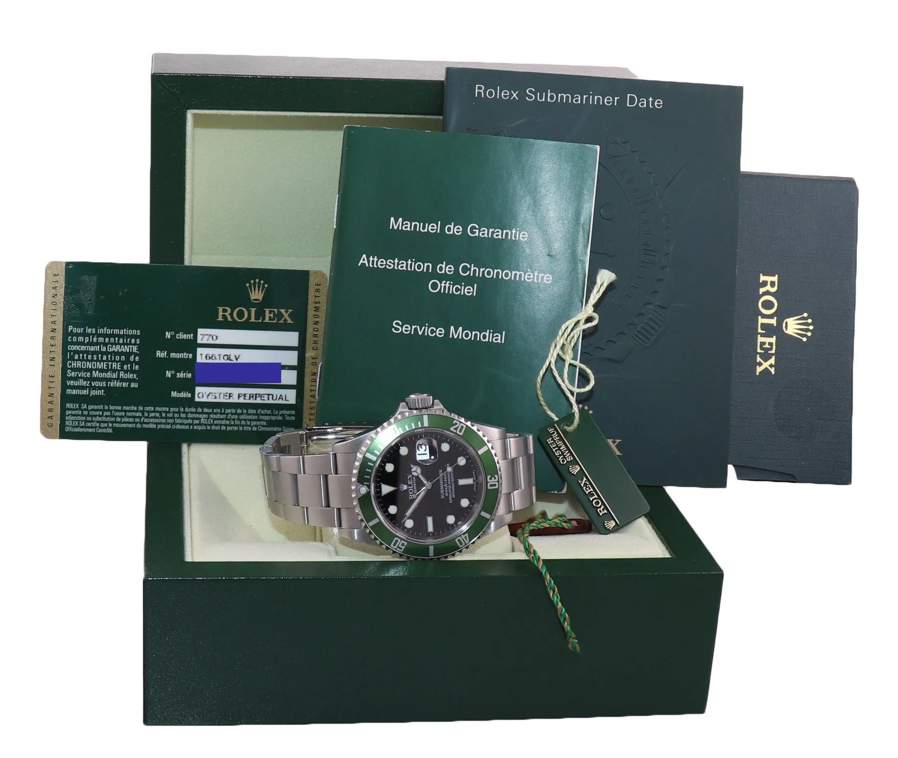 PAPERS UNPOLISHED 2010 Rolex Submariner Kermit Green Submariner 16610LV Watch