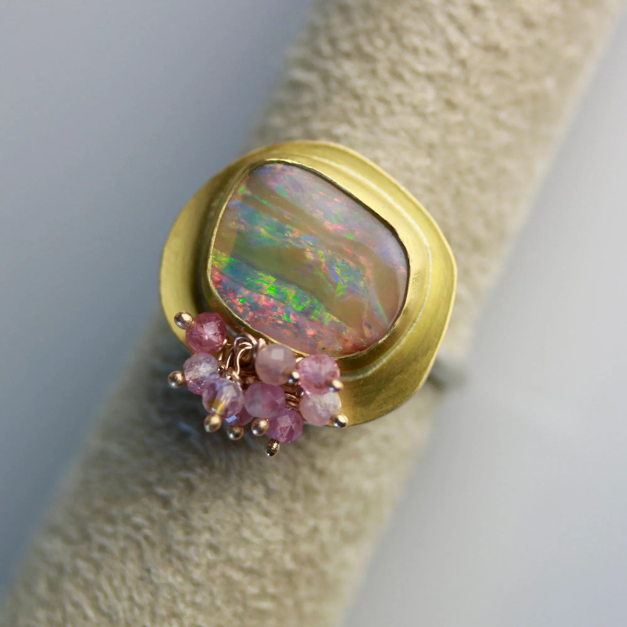 Pastel flash and Caramel Stripes Boulder Opal and Pink Tourmaline Ring. Size 7-7 1/2