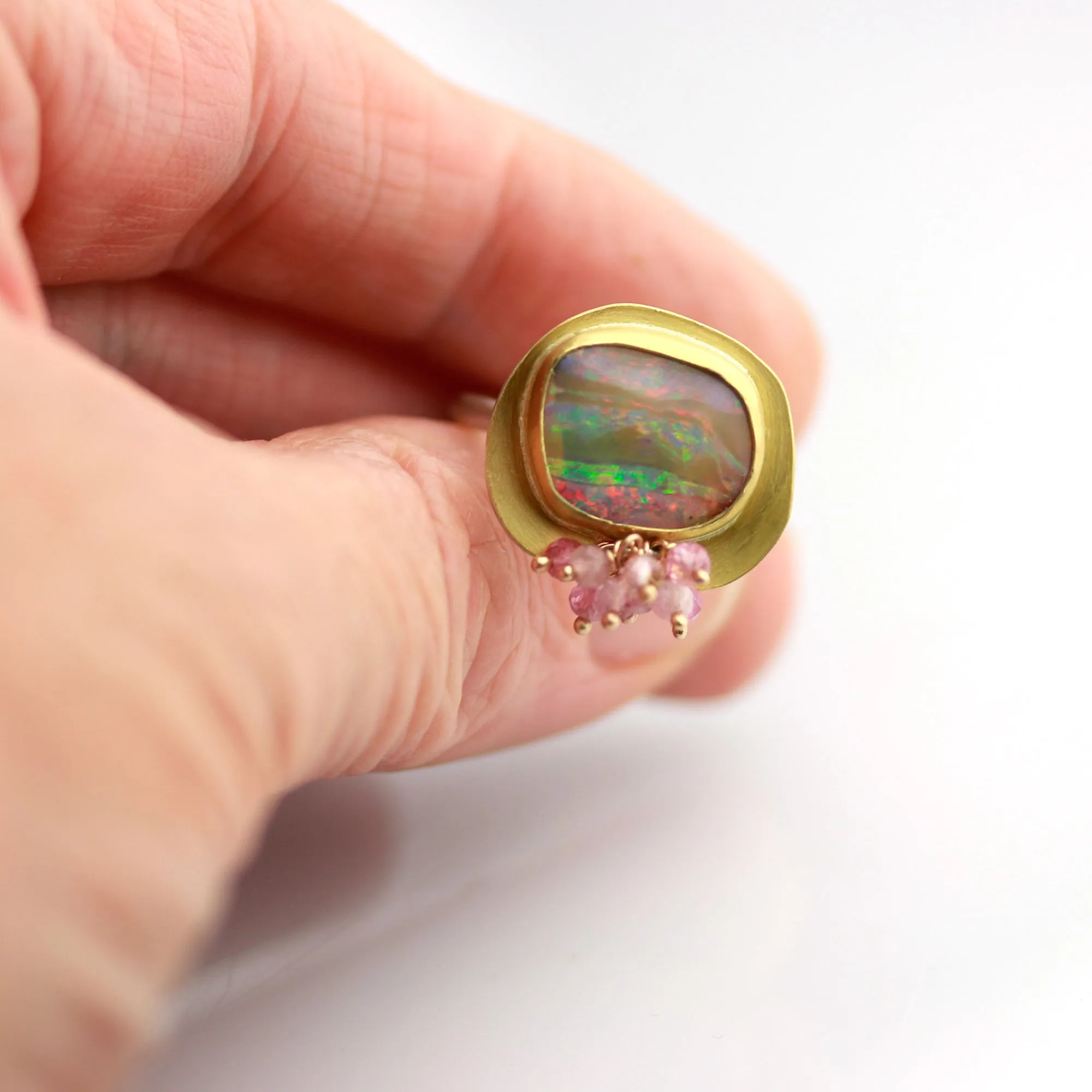 Pastel flash and Caramel Stripes Boulder Opal and Pink Tourmaline Ring. Size 7-7 1/2