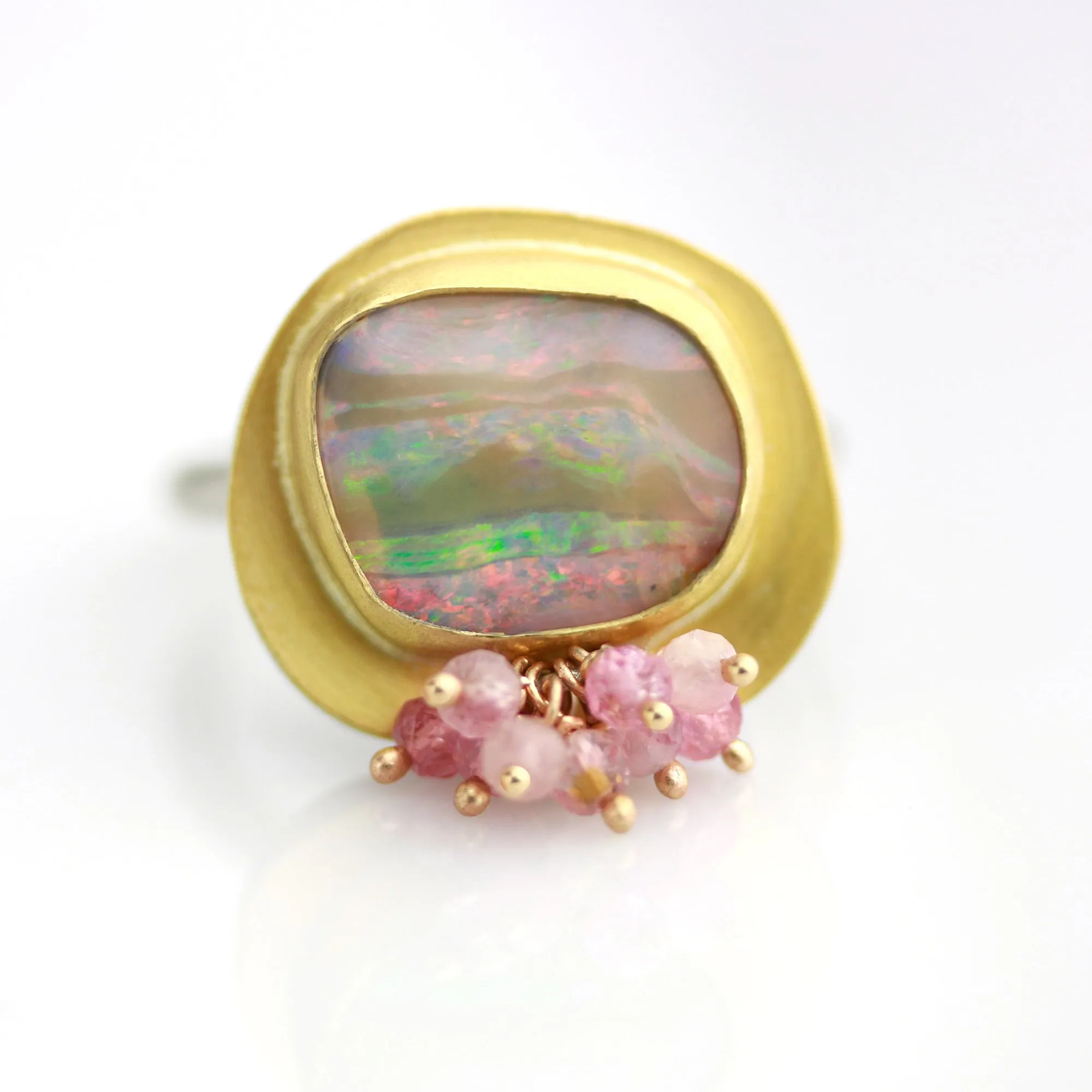 Pastel flash and Caramel Stripes Boulder Opal and Pink Tourmaline Ring. Size 7-7 1/2