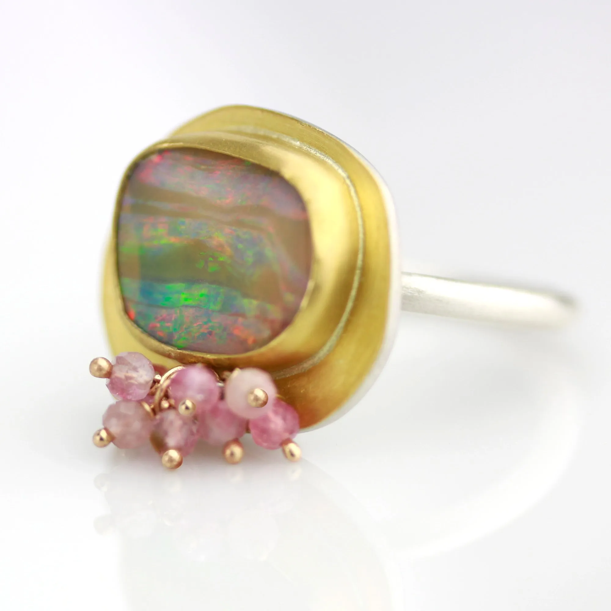 Pastel flash and Caramel Stripes Boulder Opal and Pink Tourmaline Ring. Size 7-7 1/2