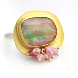 Pastel flash and Caramel Stripes Boulder Opal and Pink Tourmaline Ring. Size 7-7 1/2