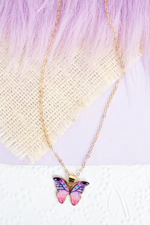 Pink Butterfly Beauty Goldtone Necklace