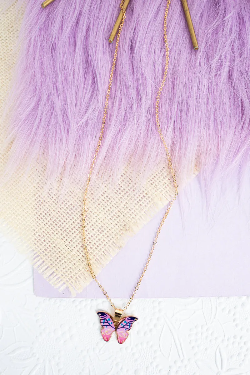 Pink Butterfly Beauty Goldtone Necklace