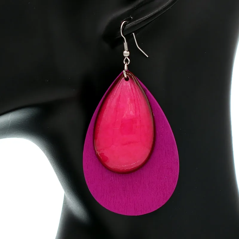 Pink Wooden Double Teardrop Earrings