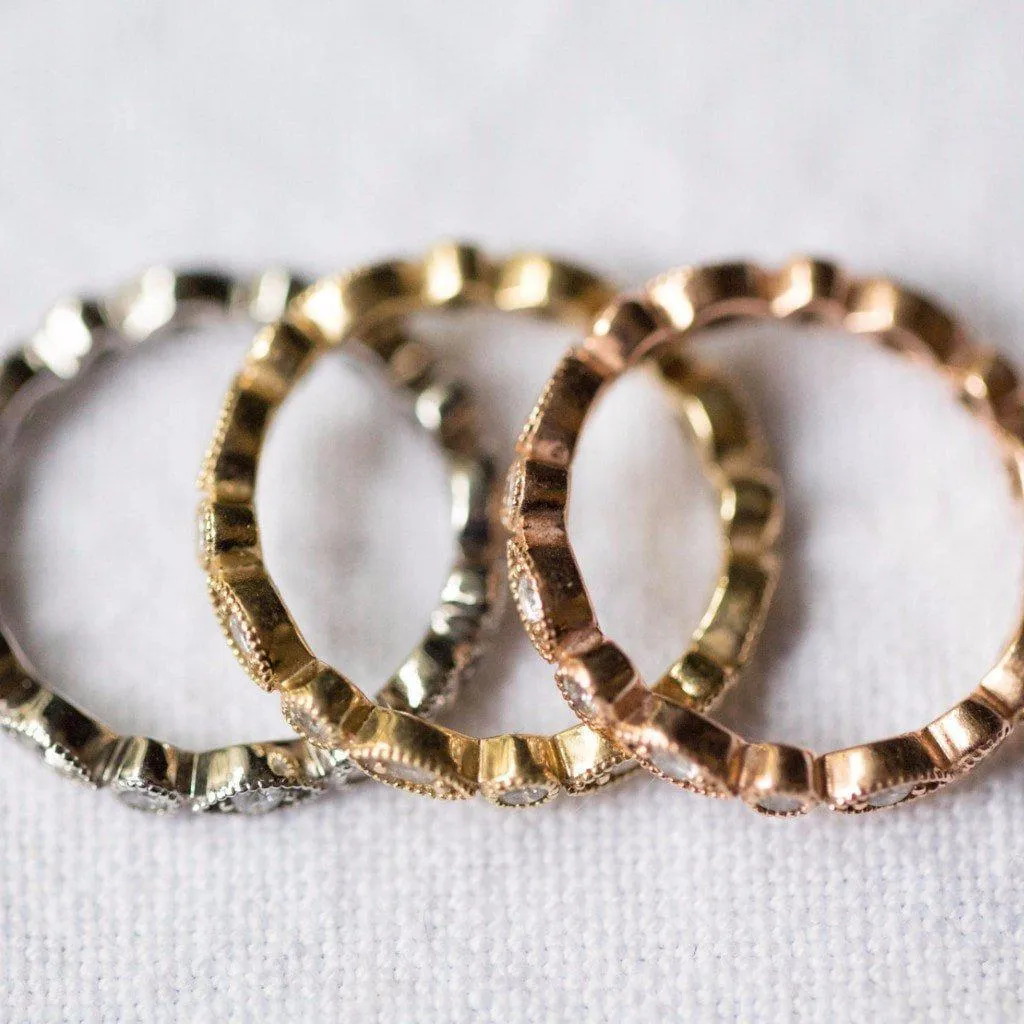 Prestine Trinity Full Eternity Hand Milgrain Beading Diamond Stackable Rings