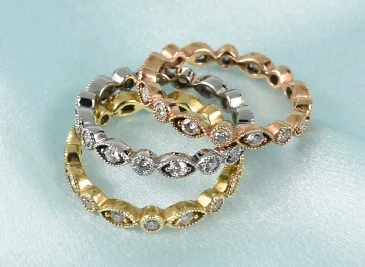 Prestine Trinity Full Eternity Hand Milgrain Beading Diamond Stackable Rings