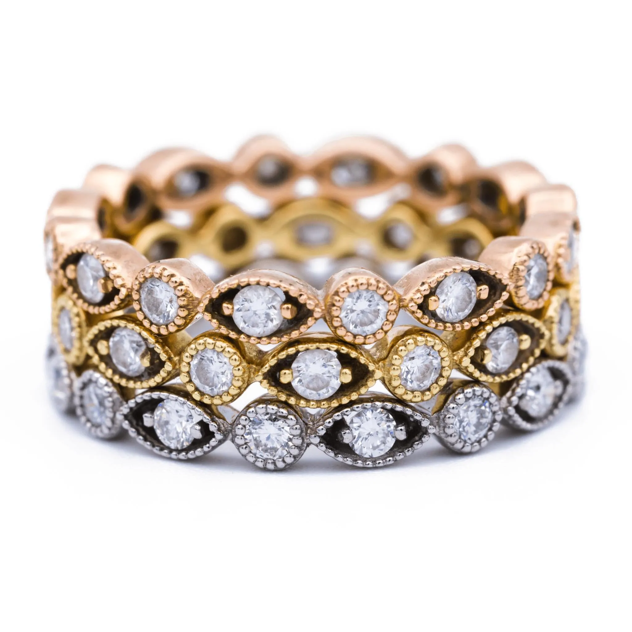 Prestine Trinity Full Eternity Hand Milgrain Beading Diamond Stackable Rings