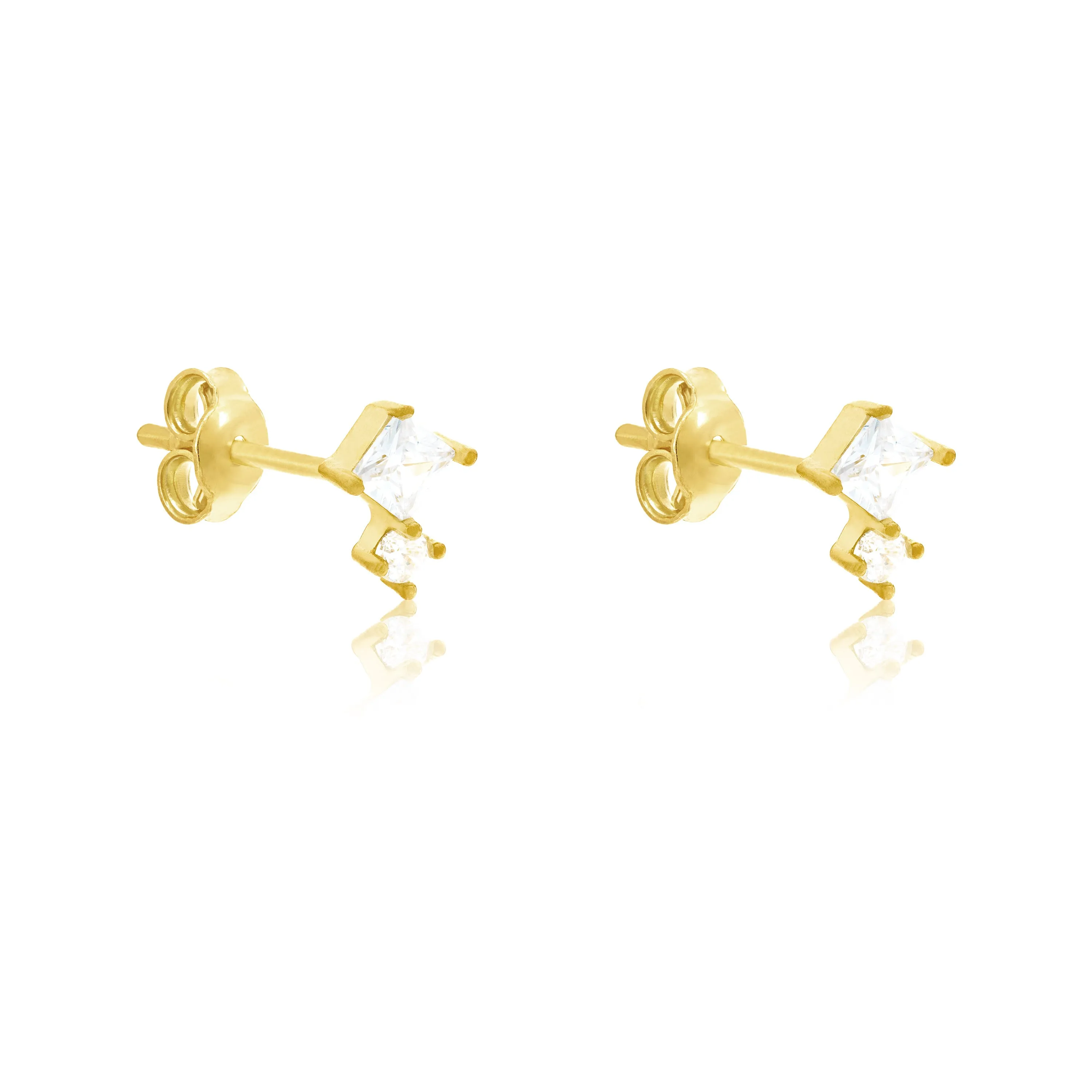Princess Cut And Solitaire Stud Earrings - Gold White