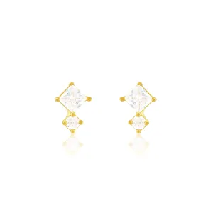 Princess Cut And Solitaire Stud Earrings - Gold White