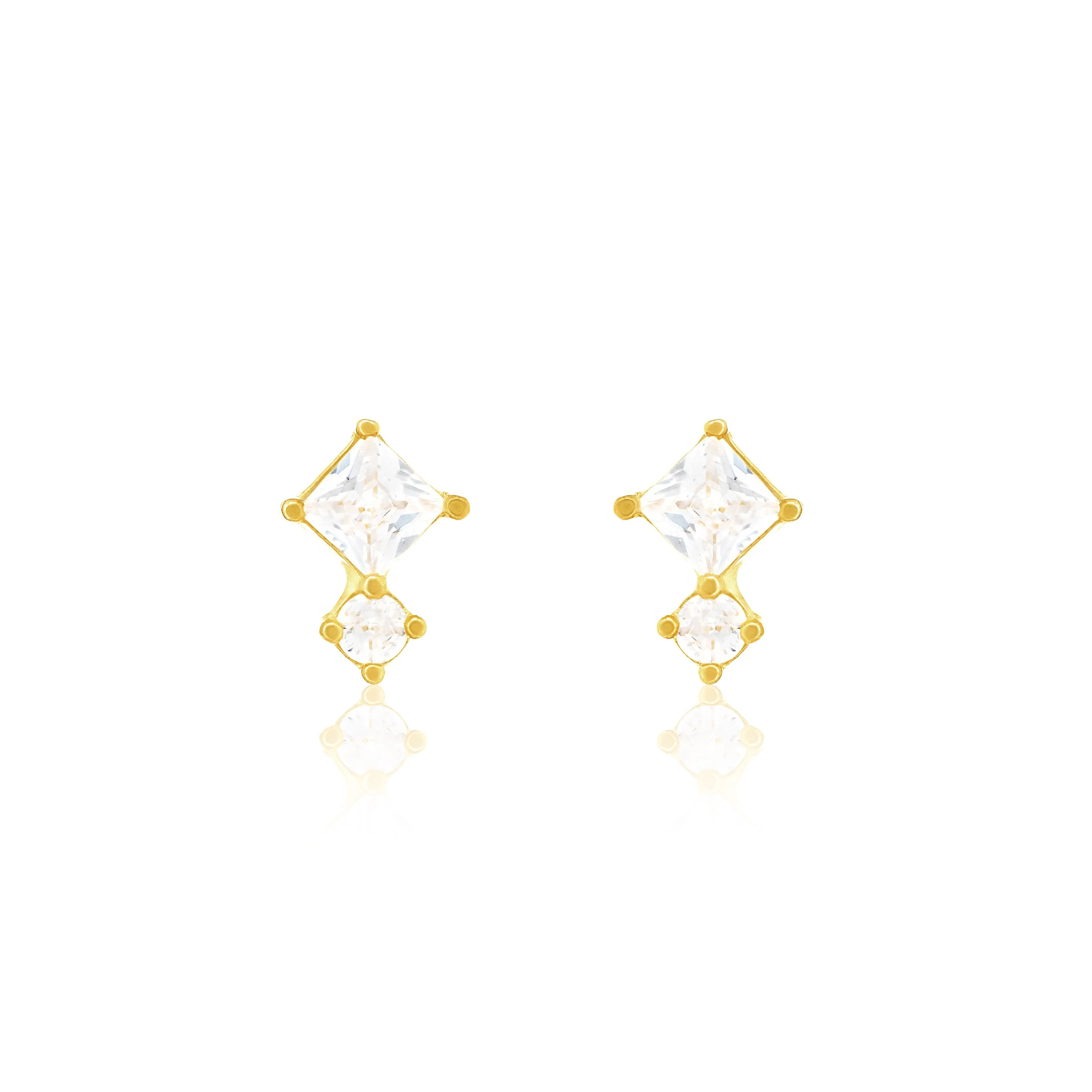 Princess Cut And Solitaire Stud Earrings - Gold White