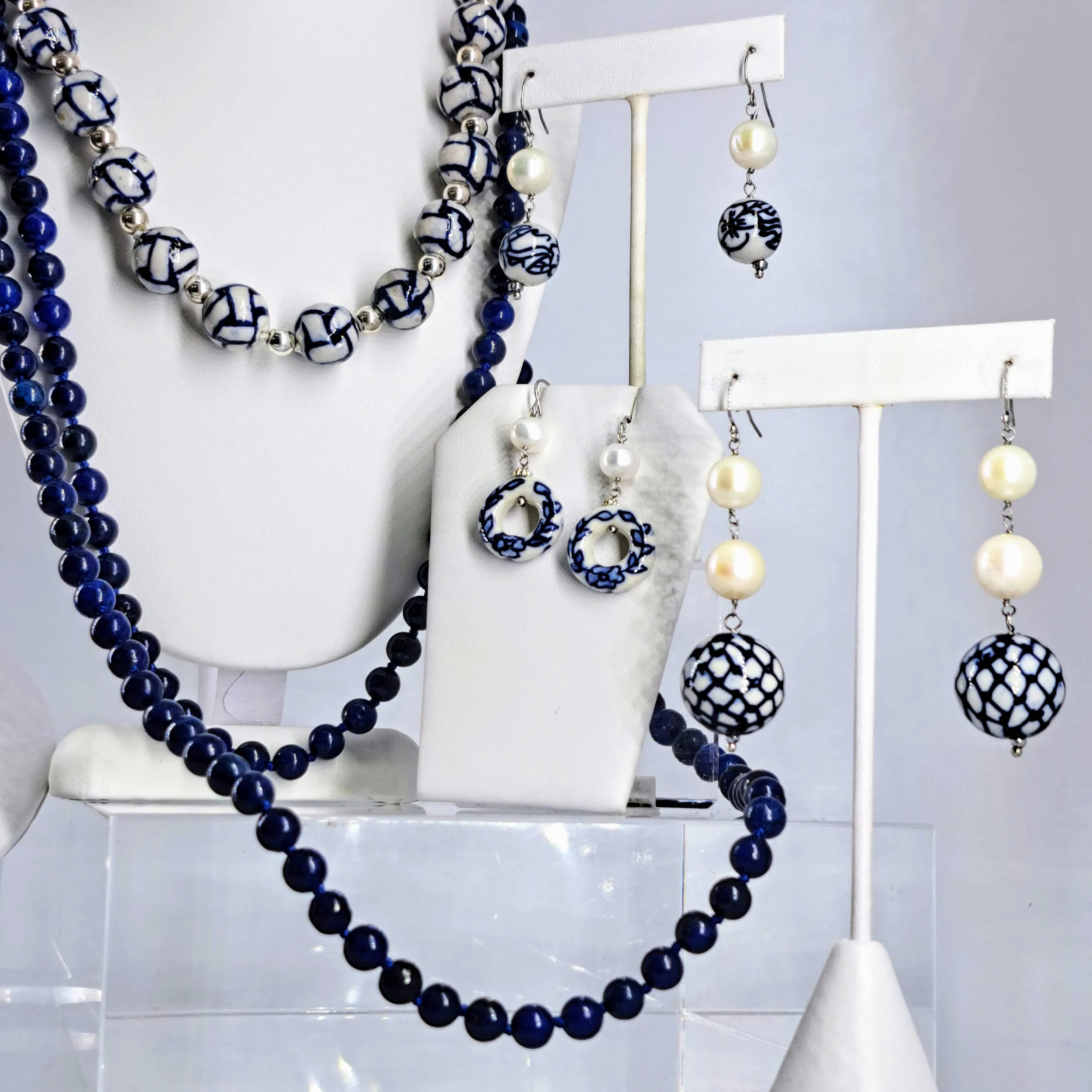 "Blue China" 2.75" Earrings - Pearls, Porcelain, Sterling