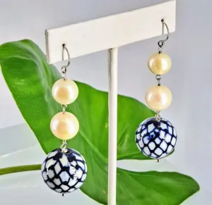 "Blue China" 2.75" Earrings - Pearls, Porcelain, Sterling