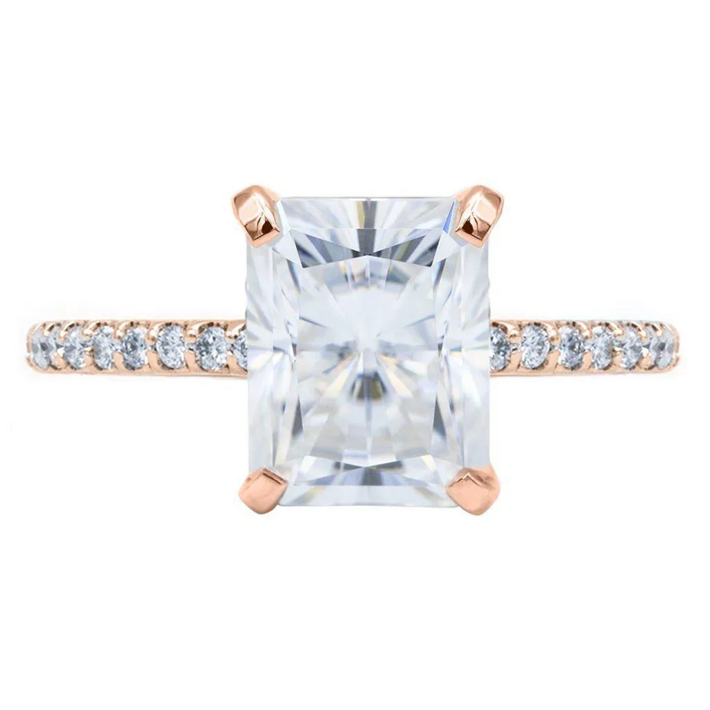 Radiant Moissanite 4 Prongs Diamond Accent Ice Cathedral Solitaire Ring