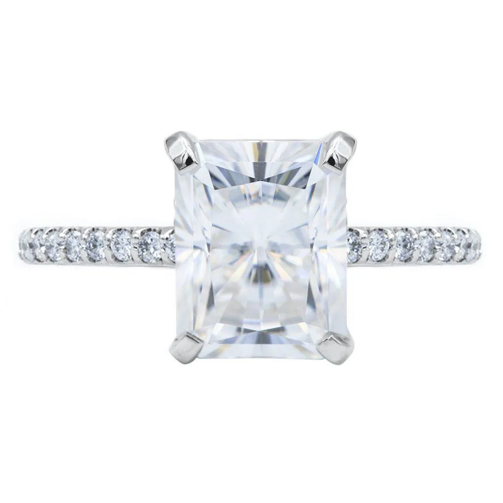 Radiant Moissanite 4 Prongs Diamond Accent Ice Cathedral Solitaire Ring