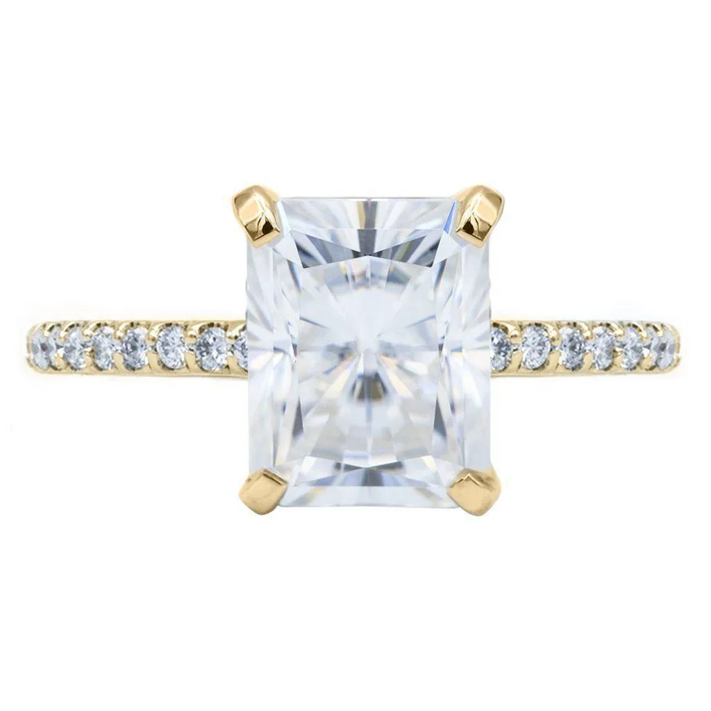Radiant Moissanite 4 Prongs Diamond Accent Ice Cathedral Solitaire Ring