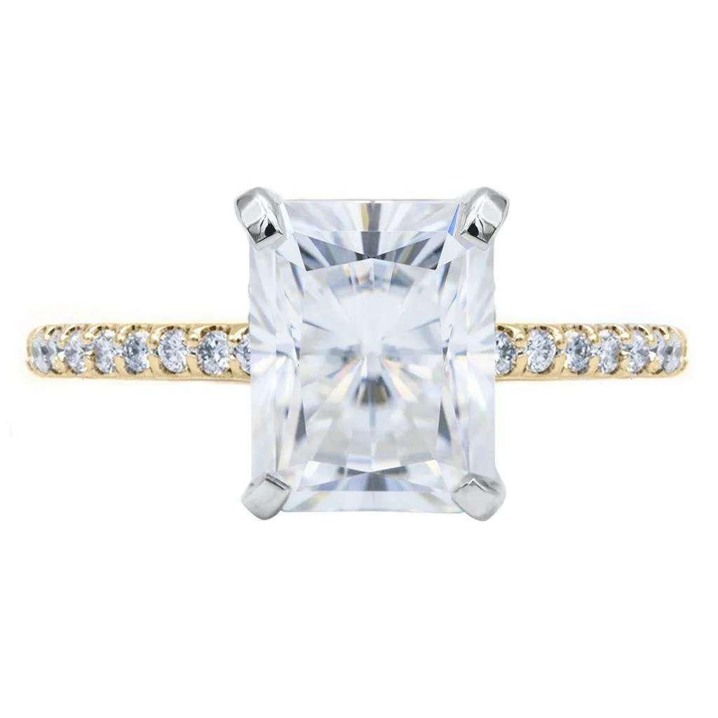 Radiant Moissanite 4 Prongs Diamond Accent Ice Cathedral Solitaire Ring