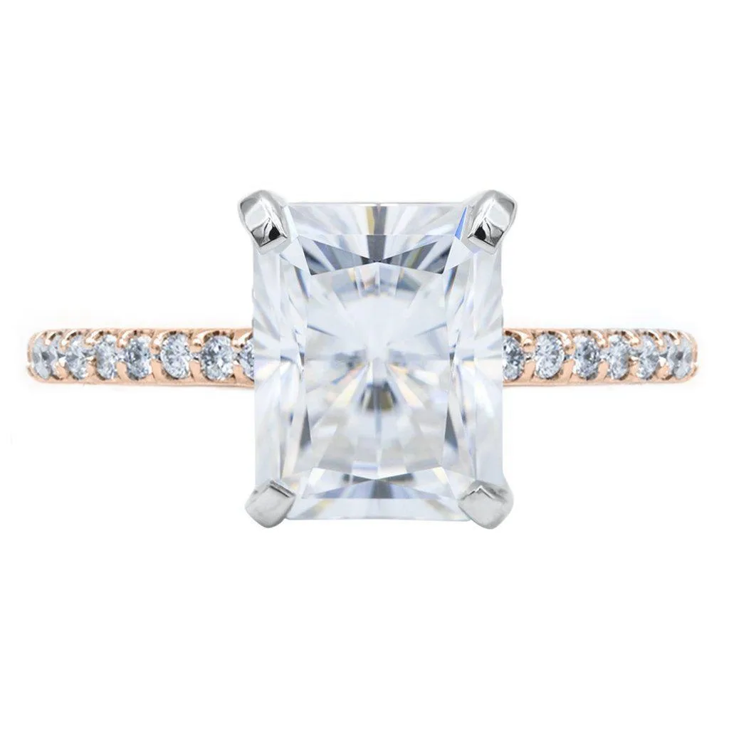 Radiant Moissanite 4 Prongs Diamond Accent Ice Cathedral Solitaire Ring