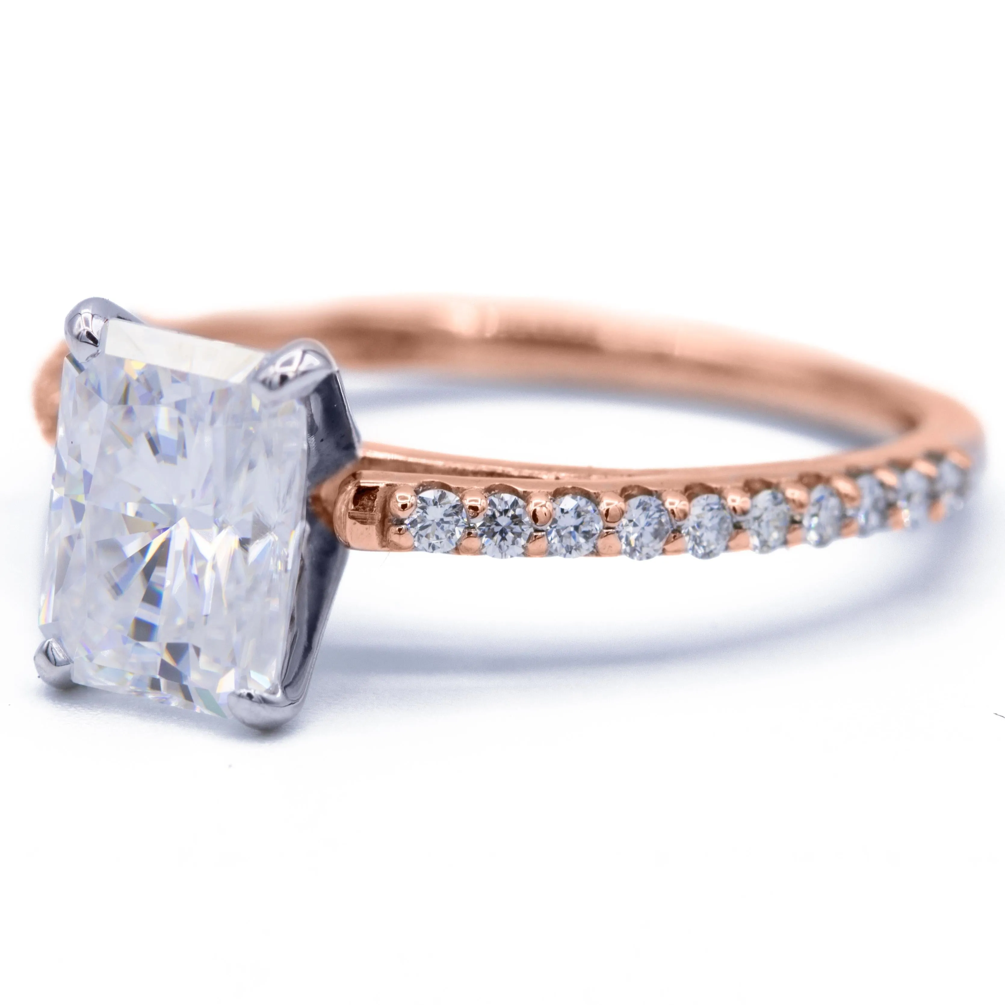 Radiant Moissanite 4 Prongs Diamond Accent Ice Cathedral Solitaire Ring