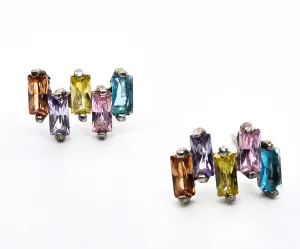 Rainbow multi gemstone cubic zirconia baguette sterling silver stud earrings