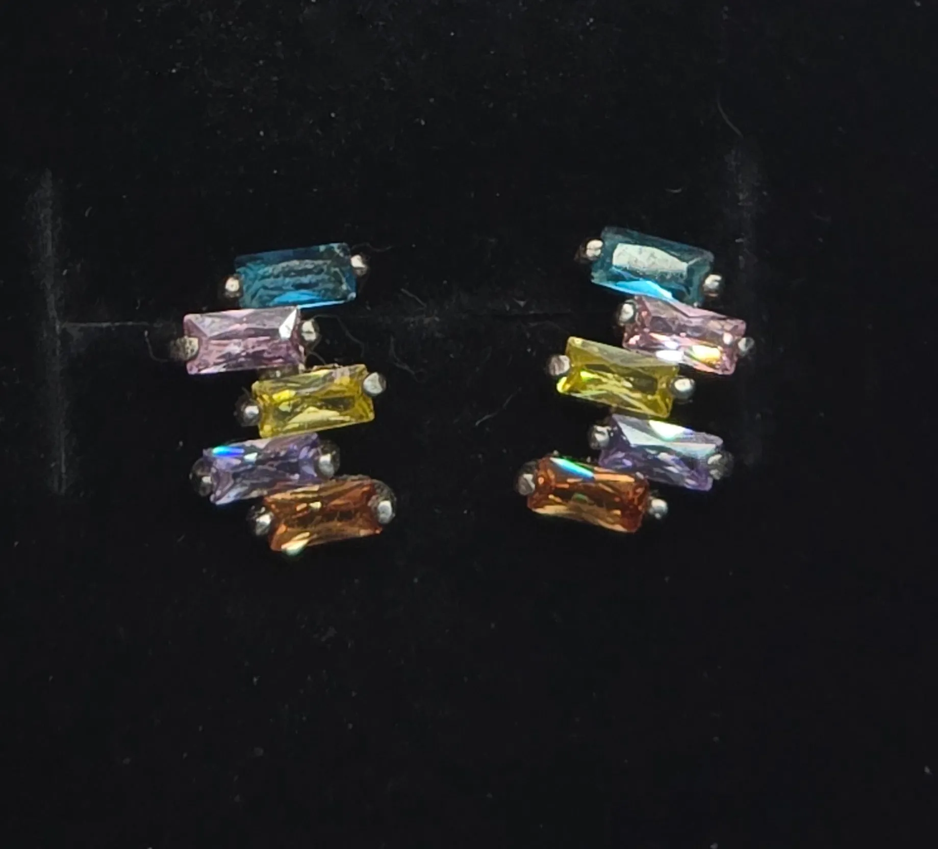 Rainbow multi gemstone cubic zirconia baguette sterling silver stud earrings