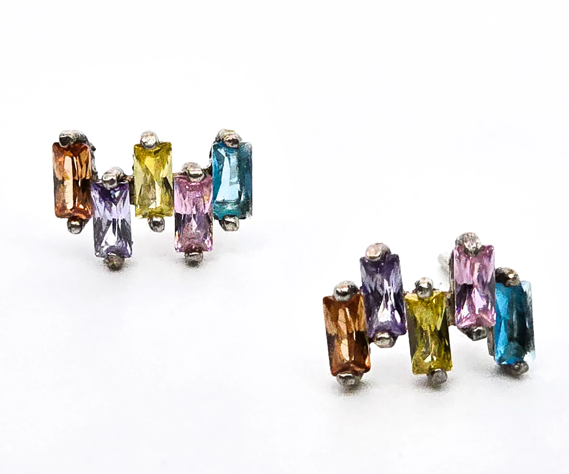 Rainbow multi gemstone cubic zirconia baguette sterling silver stud earrings