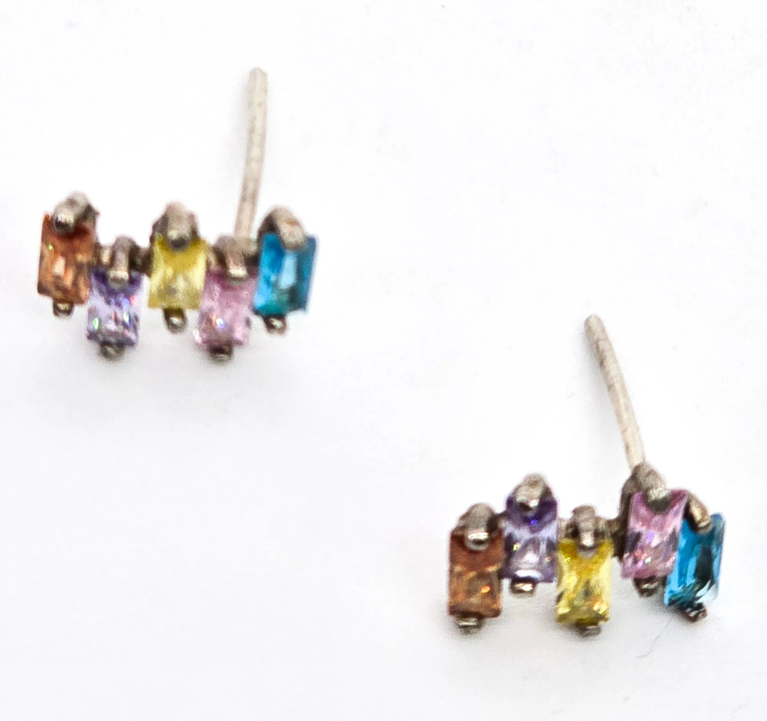 Rainbow multi gemstone cubic zirconia baguette sterling silver stud earrings
