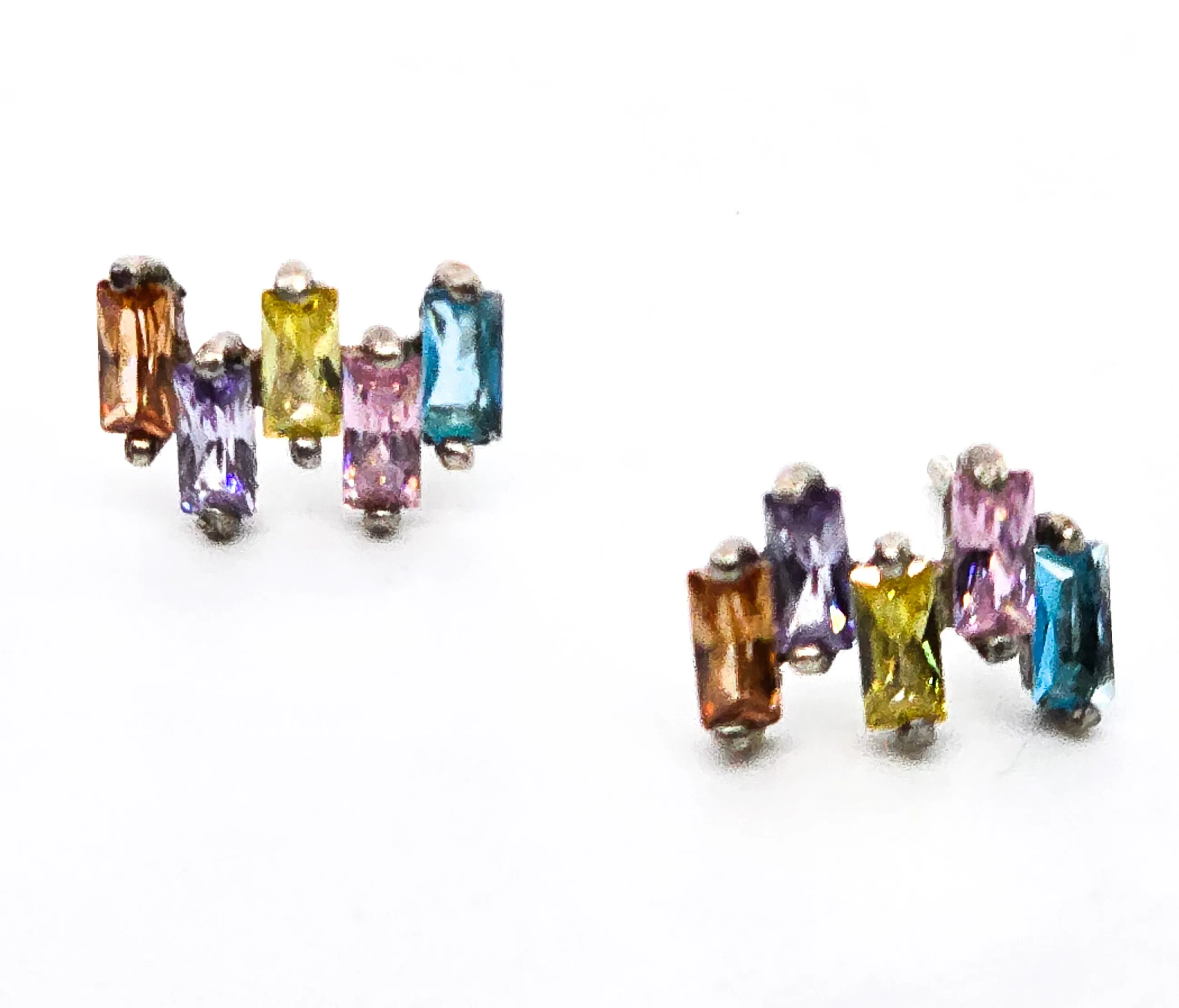 Rainbow multi gemstone cubic zirconia baguette sterling silver stud earrings