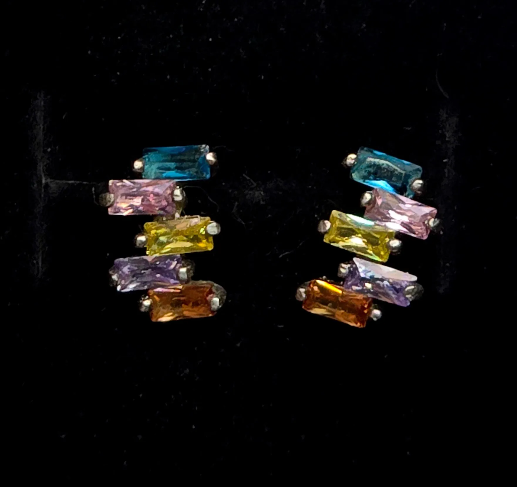 Rainbow multi gemstone cubic zirconia baguette sterling silver stud earrings